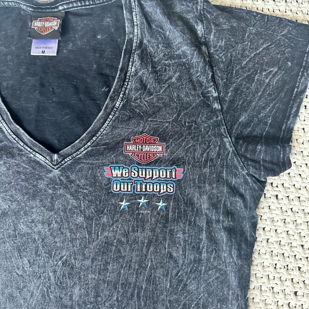 Harley Davidson Shirt Womens Black Gray Acid Wash Biker Support Troops NC Sz M